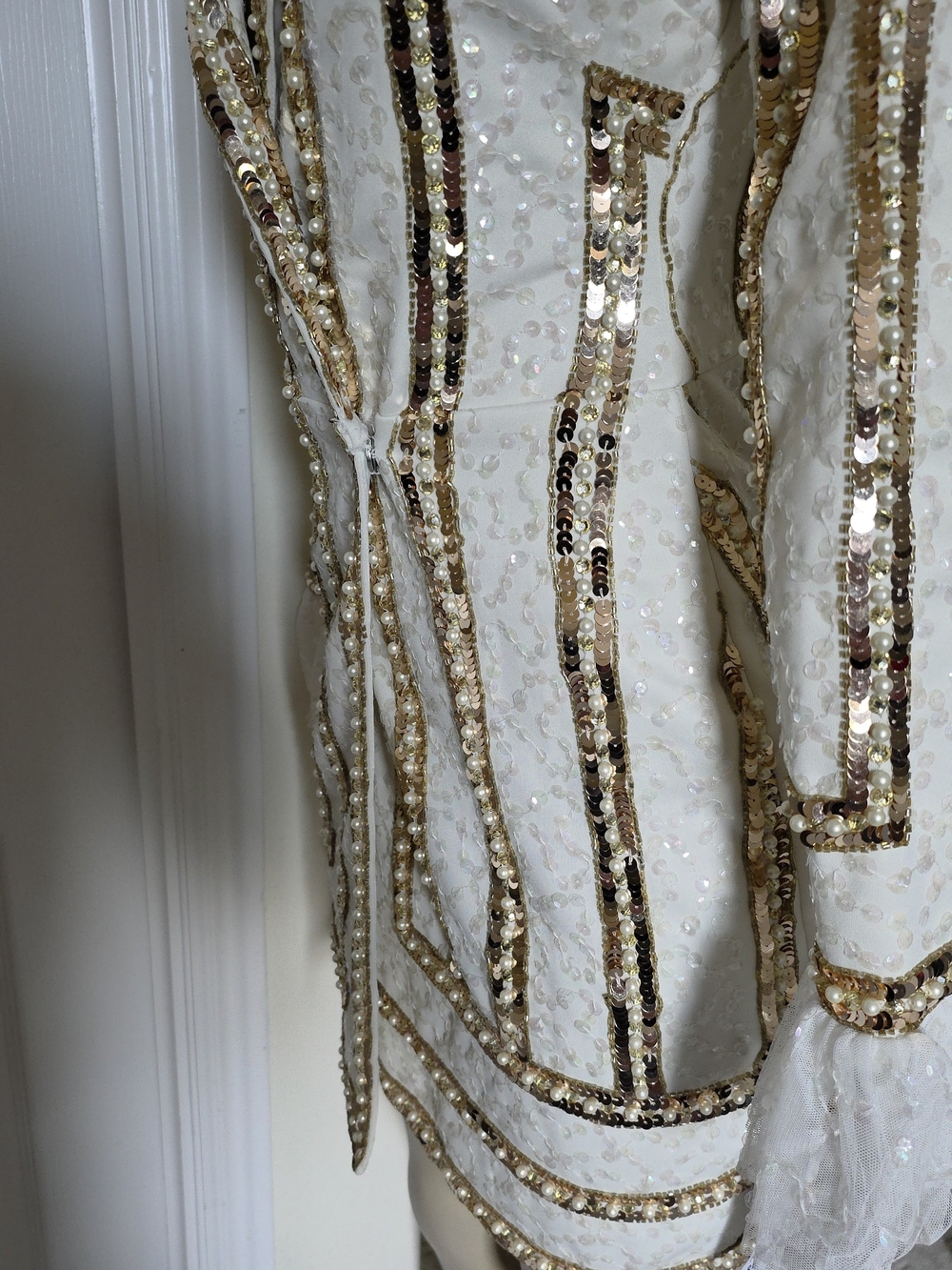 ASOS DESIGN CREAM Mini Blazer Dress with Gold Sequin Trim - Picture 6 of 13